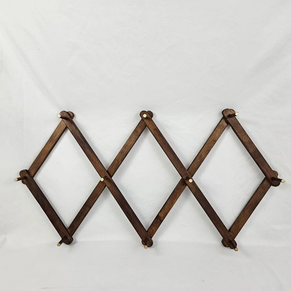 Vtg Wood Expandable Accordion Folding Rack 10 Peg Wall Hanger Hat Coat Jewelry